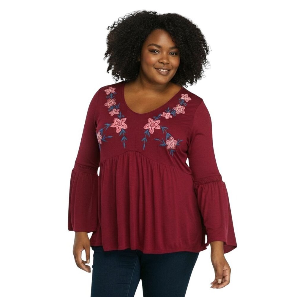 New Directions V-Neck Floral Bell Sleeve Blouse Top Plus 1X NWT